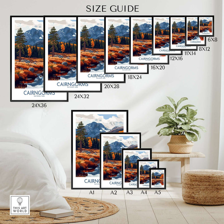 Size guide for Cairngorms travel poster showcasing various frame dimensions in a cozy interior setting.