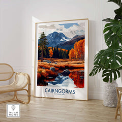 Cairngorms Travel Poster showcasing vibrant autumn landscapes and bold typography in a modern home setting.