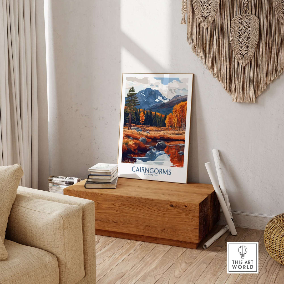 Cairngorms travel poster displayed in a cozy interior, featuring mountains and autumn foliage, enhancing home decor.