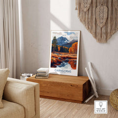 Cairngorms Travel Poster showcasing the Scottish Highlands with vibrant colors and majestic landscapes.