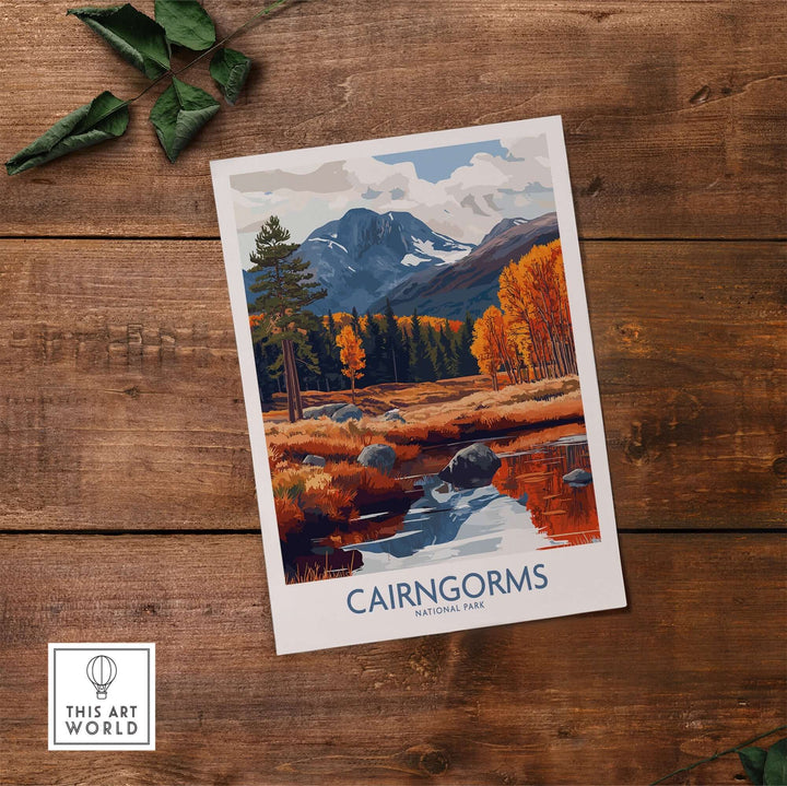 Cairngorms travel poster featuring vibrant autumn colors and scenic mountain landscape with a tranquil river.