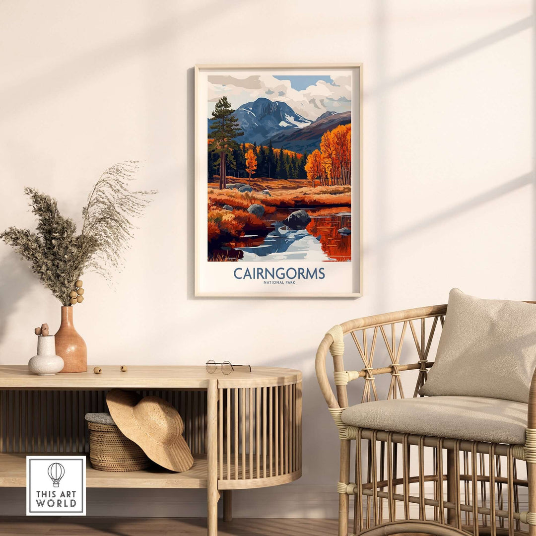 Cairngorms travel poster in a modern living room, featuring autumn colors and serene mountainscape.