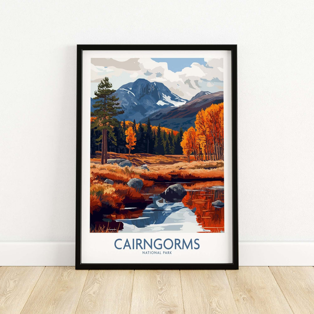 Cairngorms National Park travel poster featuring vibrant autumn scenery and mountains in the background.