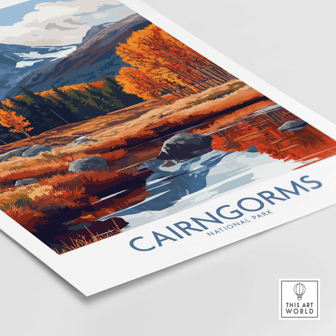 Cairngorms National Park travel poster featuring autumn colors, mountains, and a reflective river scene.