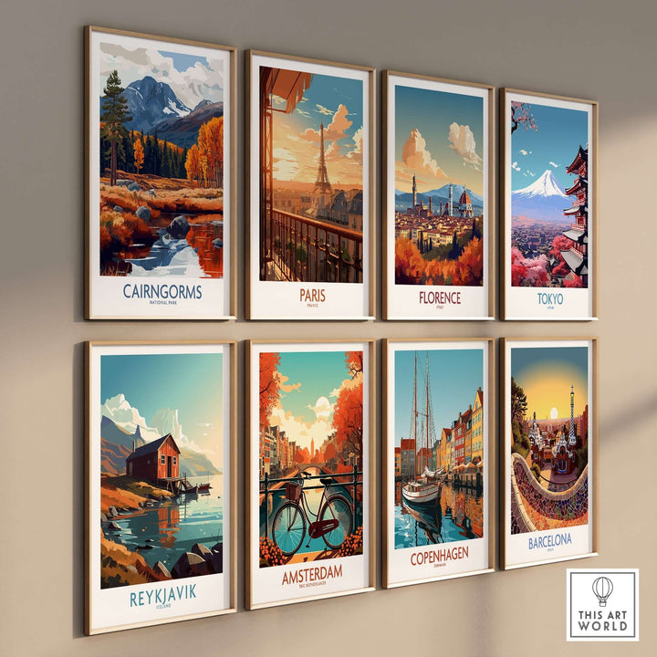 Collection of vibrant travel posters featuring Cairngorms, Paris, Florence, Tokyo, Reykjavik, Amsterdam, Copenhagen, and Barcelona.