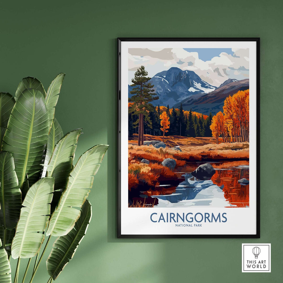 Cairngorms National Park travel poster showcasing vibrant autumn colors and majestic mountain landscape.