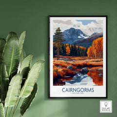 Cairngorms Travel Poster featuring stunning landscapes and vibrant colors of the Scottish Highlands.