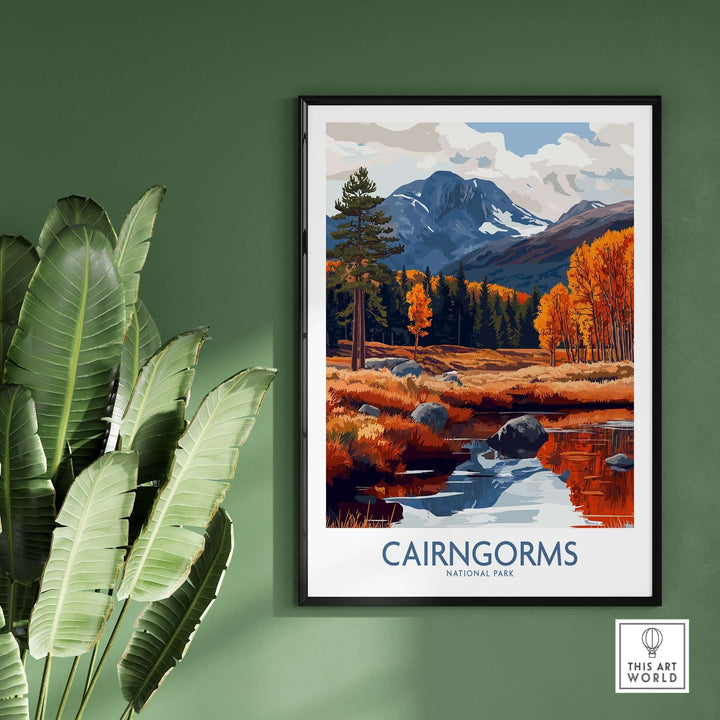 Cairngorms National Park travel poster showcasing vibrant autumn colors and majestic mountain landscape.