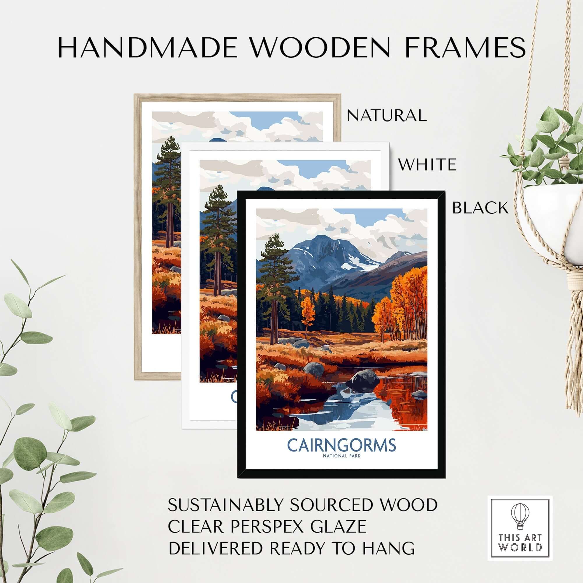 Cairngorms Travel Poster displayed in handmade wooden frames in natural, white, and black colors.
