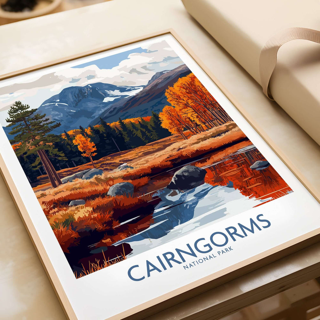 Cairngorms National Park travel poster featuring autumn colors, mountains, and a serene river landscape.