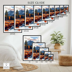 Cairngorms Travel Print size guide showcasing different frame sizes and beautiful landscape art for home decor.