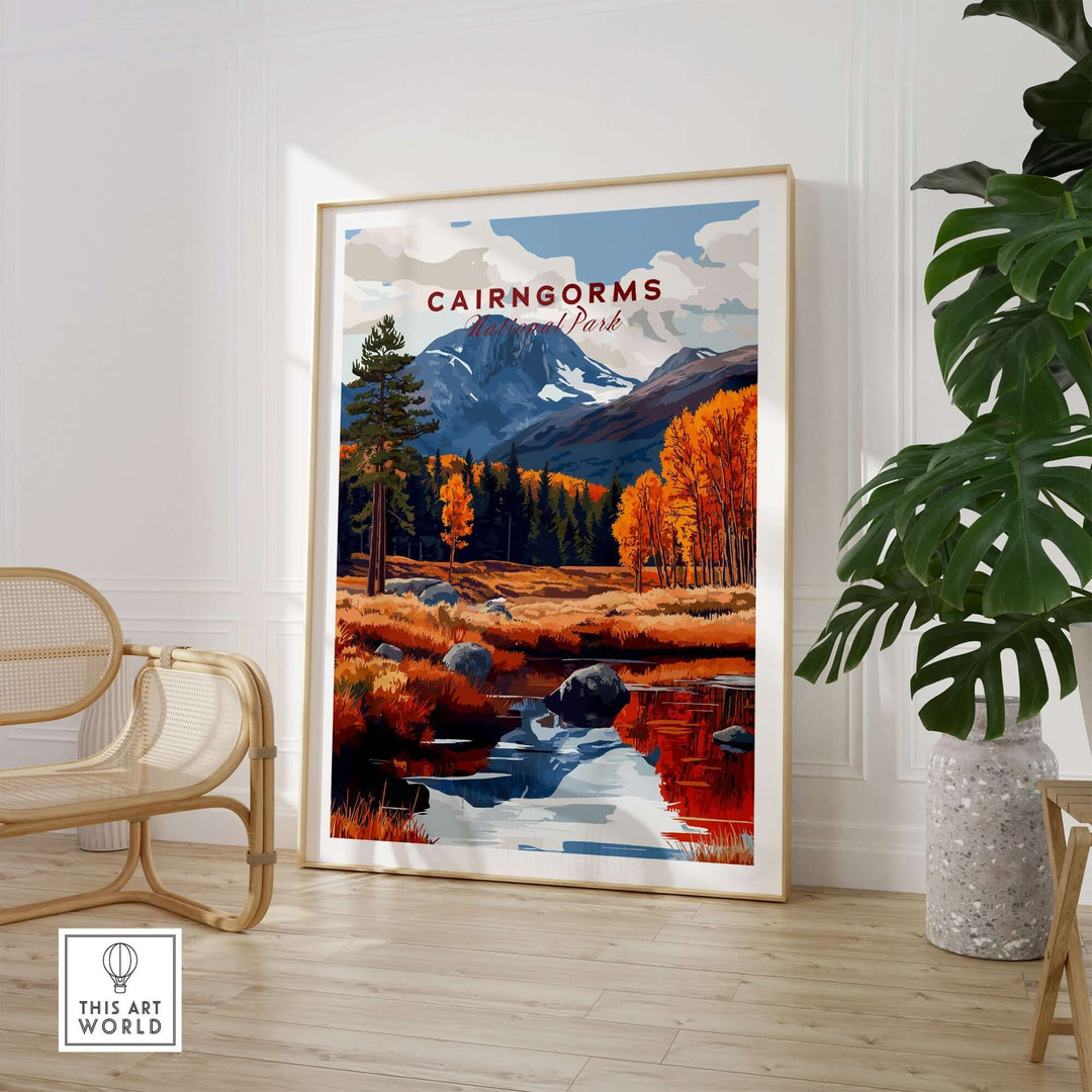 Vintage-inspired Cairngorms Travel Print featuring autumn colors and scenic mountains, perfect for home decor.