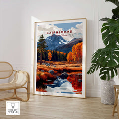 Cairngorms Travel Print featuring majestic landscapes and vibrant colors of the Scottish Highlands in a stylish living room setting.