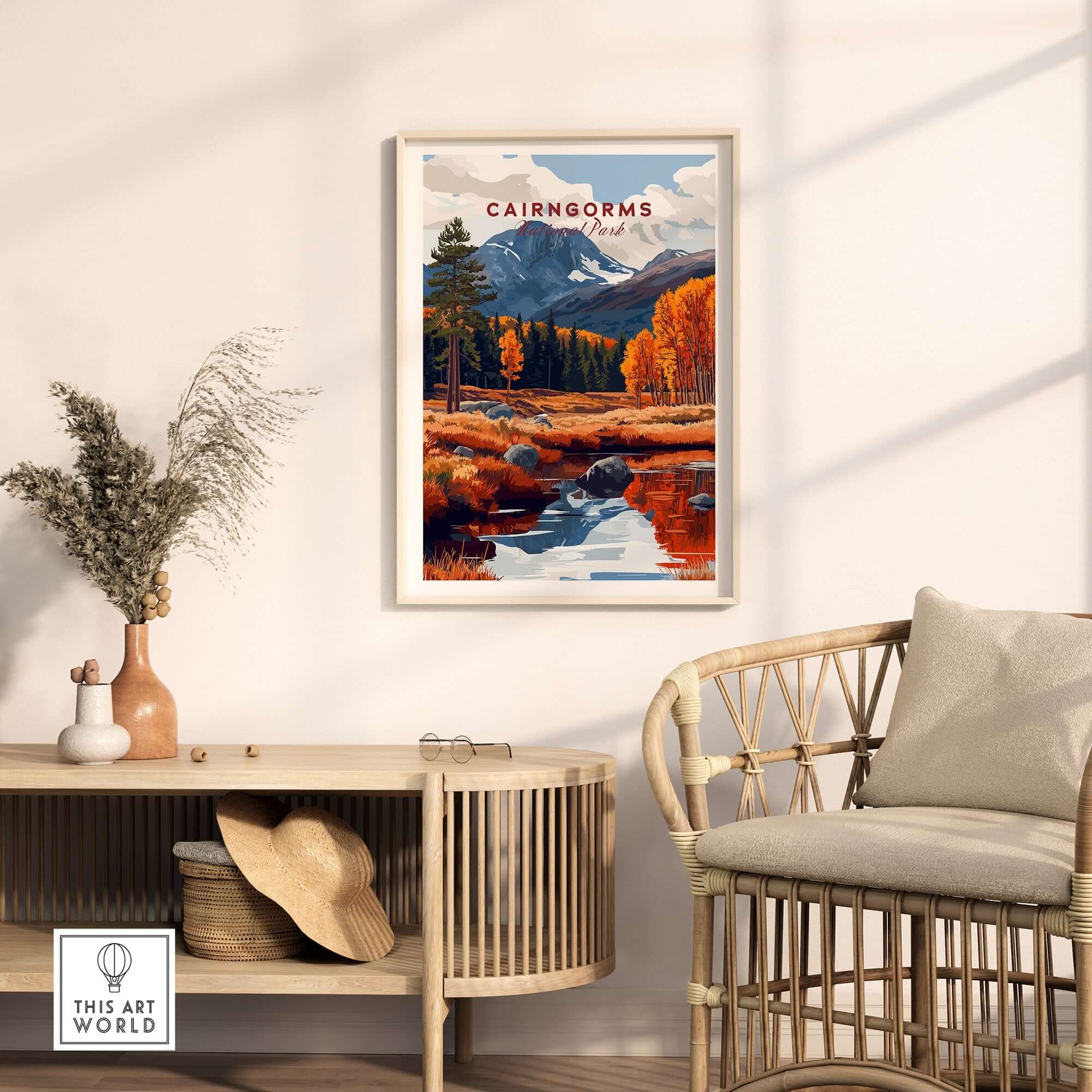 Cairngorms Travel Print showcasing vibrant landscapes and majestic mountains in a cozy living room setting.