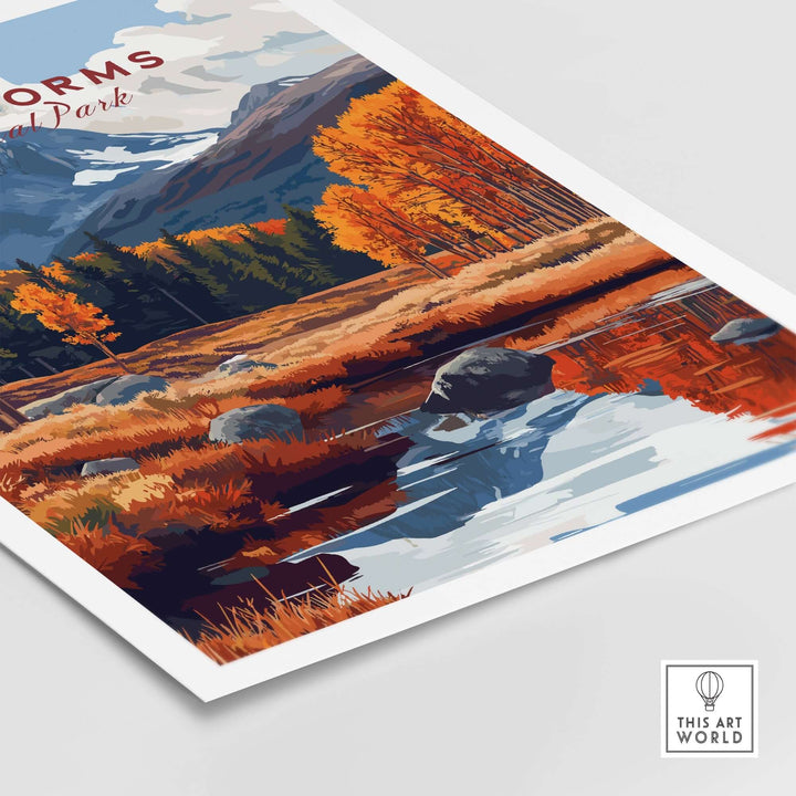 Cairngorms Travel Print featuring autumn trees and mountains, reflecting in a calm river, perfect for home decor.