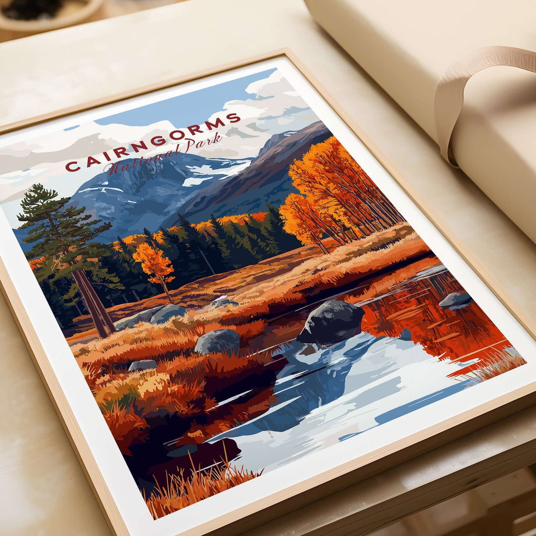 Cairngorms travel print featuring autumn landscape with mountains, colorful trees, and a serene river reflection.