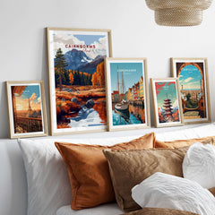 Cairngorms Travel Print showcased among framed travel prints in a stylish interior setting.