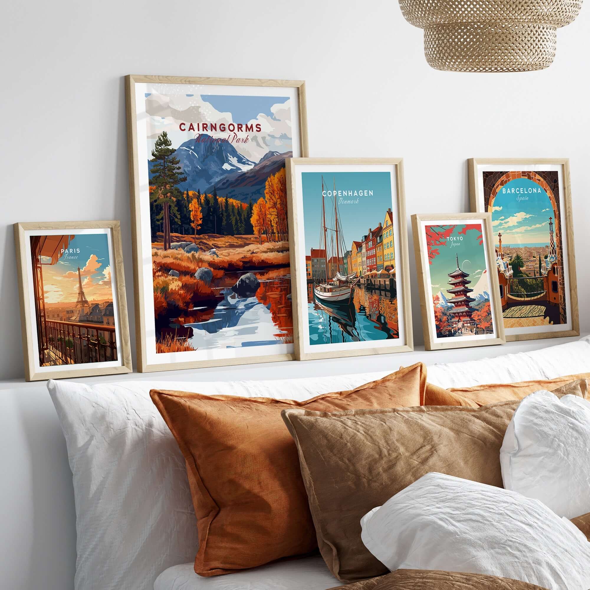 Cairngorms Travel Print showcased among framed travel prints in a stylish interior setting.