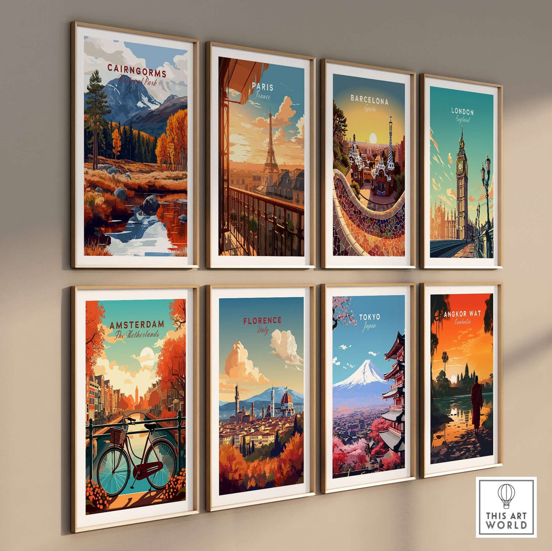 Colorful travel prints featuring Cairngorms, Paris, Barcelona, London, Amsterdam, Florence, Tokyo, and Angkor Wat.