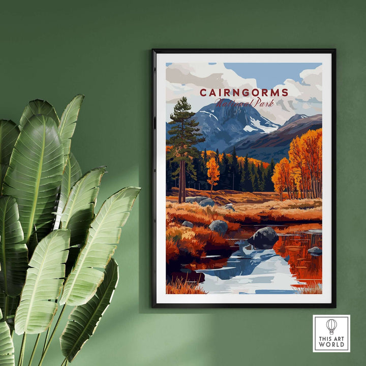 Cairngorms Travel Print featuring autumn landscapes, mountains, and a reflective river in a stylish frame, complementing home decor.