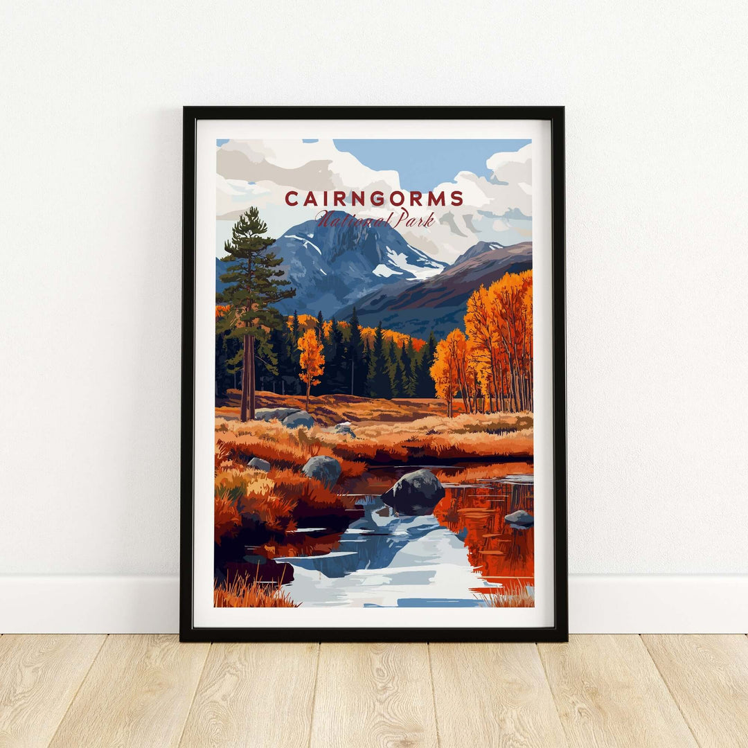 Cairngorms travel print featuring autumn landscape with mountains, trees, and a serene river reflection.