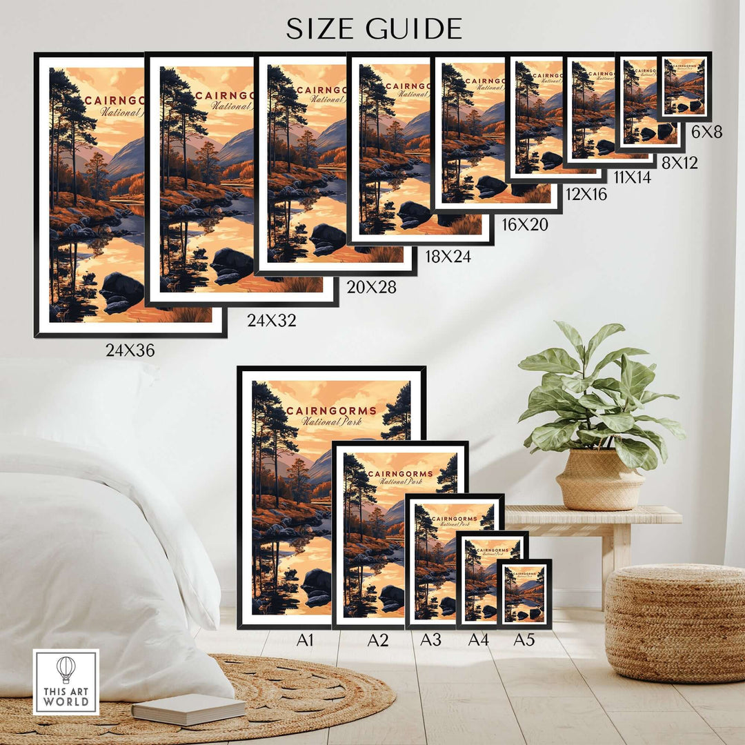 Cairngorms wall art size guide showcasing various frame sizes in a stylish living room setting.