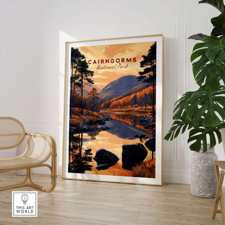 Cairngorms National Park wall art featuring a scenic landscape of mountains and reflections in a river, ideal for home decor.