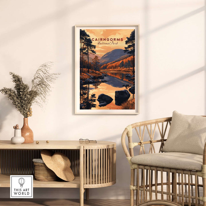 Cairngorms wall art featuring a serene landscape with mountains and reflections in water, displayed in a modern interior setting.