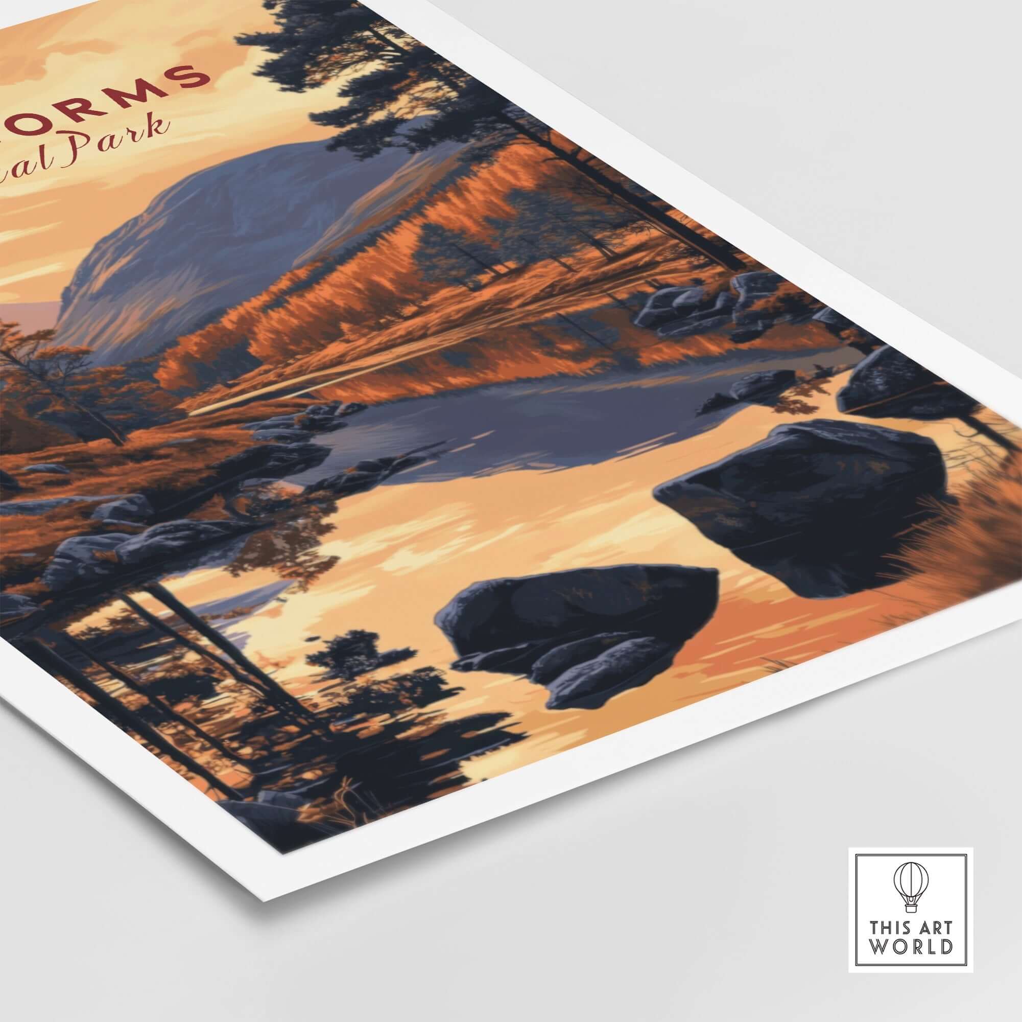 Cairngorms Wall Art featuring a scenic view of the mountains and a reflective lake in vibrant autumn colors.