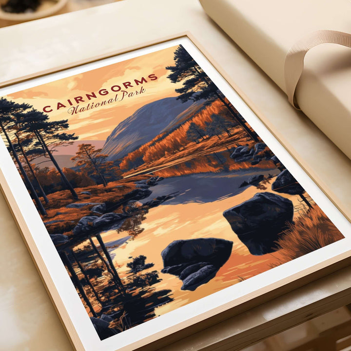 Cairngorms National Park wall art featuring vibrant colors and scenic landscape reflection in a frame.