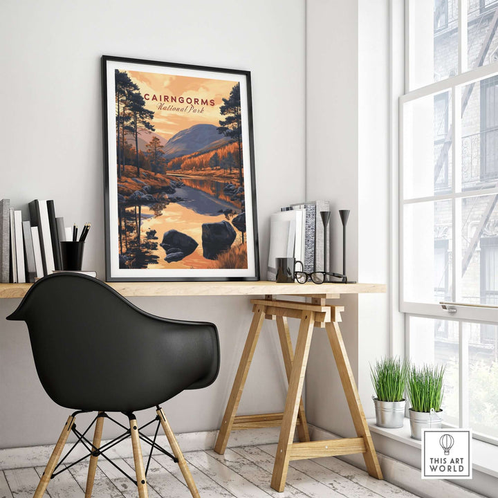 Cairngorms wall art displayed in a stylish workspace, featuring a scenic landscape with a river and trees.