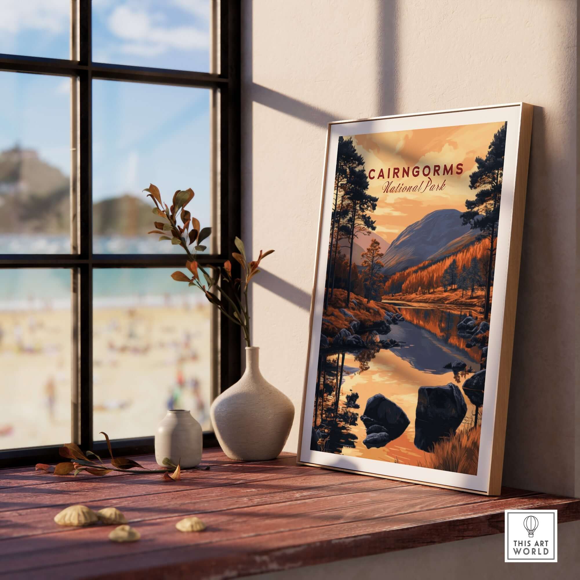 Cairngorms Wall Art displayed in a serene home setting, showcasing the beauty of nature with vibrant colors.