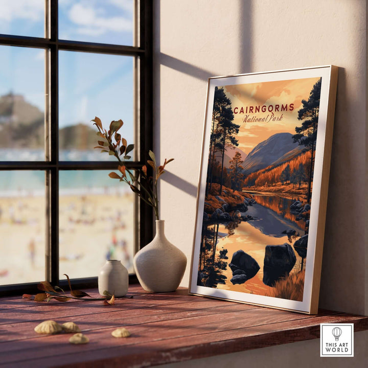 Cairngorms National Park wall art displayed on a wooden table near a window, showcasing nature's beauty.