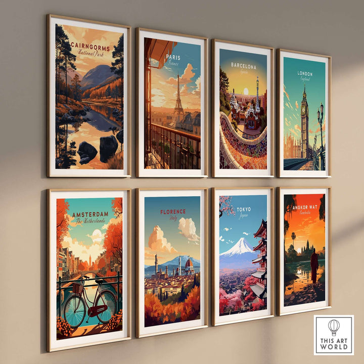 Cairngorms wall art featuring scenic illustrations from various cities including Paris, Barcelona, London, and more.