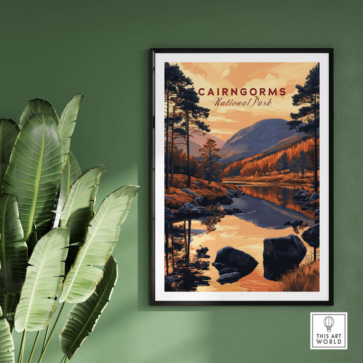 Cairngorms National Park wall art featuring a scenic landscape and warm autumn colors in a stylish interior setting.