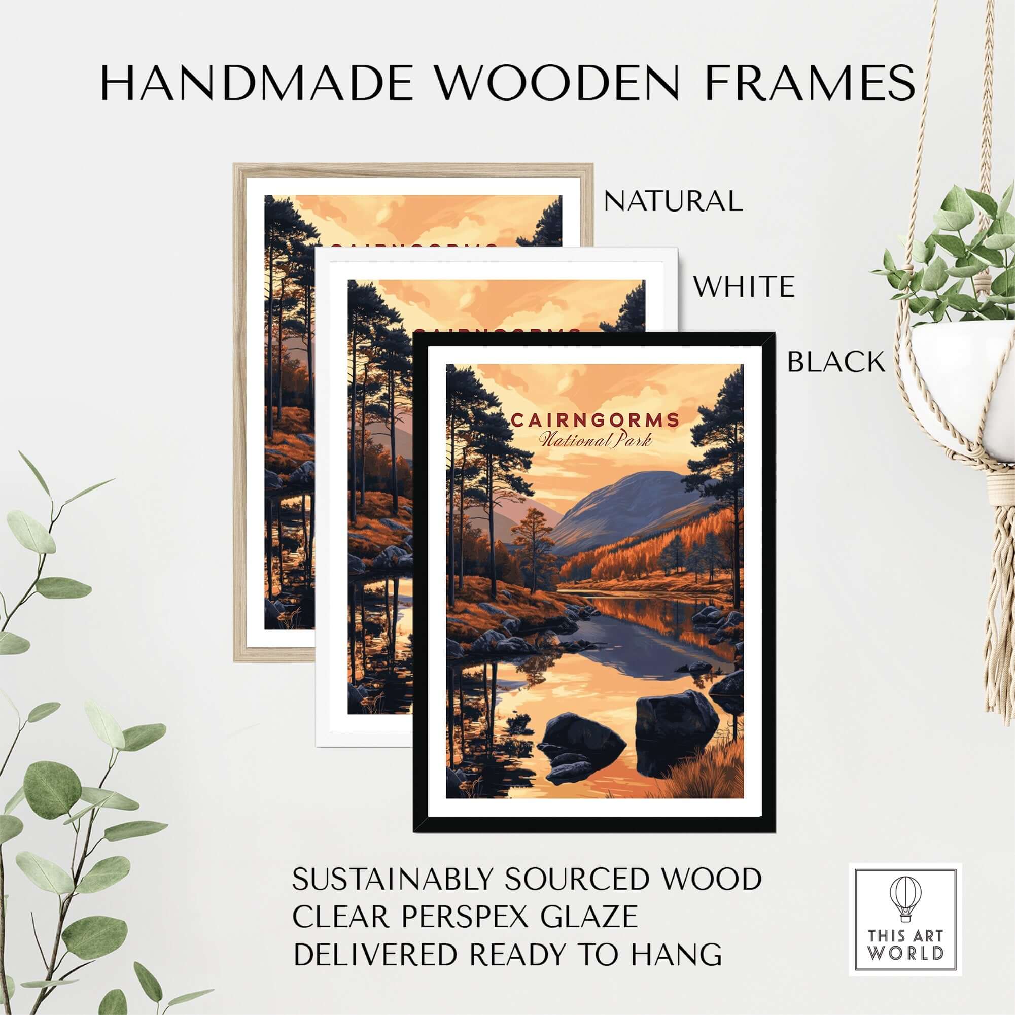 Cairngorms Wall Art showcased in natural, white, and black handmade wooden frames.