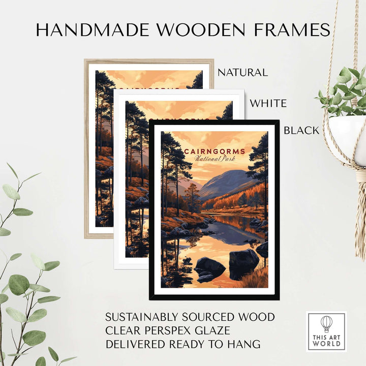 Handmade wooden frames for Cairngorms wall art in natural, white, and black finishes, featuring sustainably sourced wood.