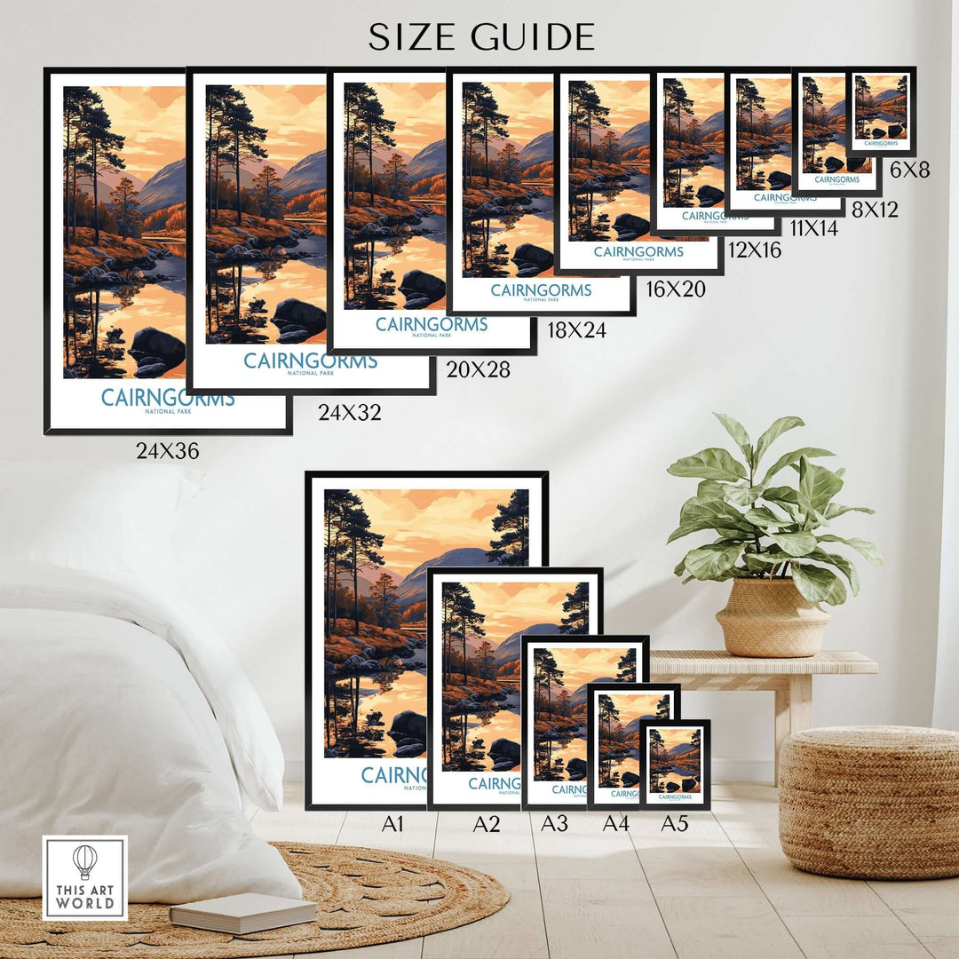 Cairngorms wall art print size guide showcasing various frame sizes and styles for home decor.