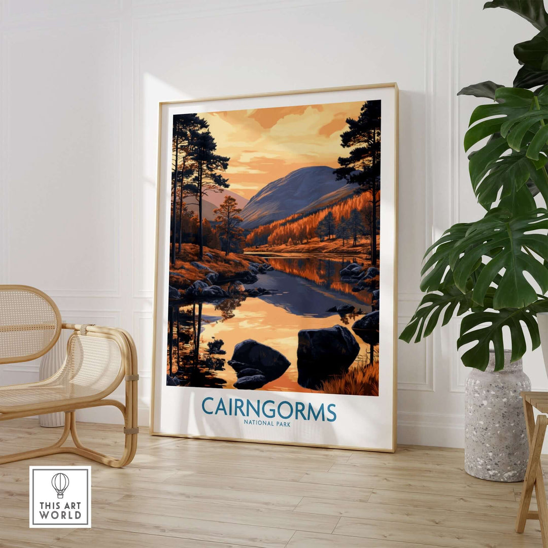 Cairngorms National Park wall art print featuring a serene landscape with trees and a river, showcasing Scotland's natural beauty.