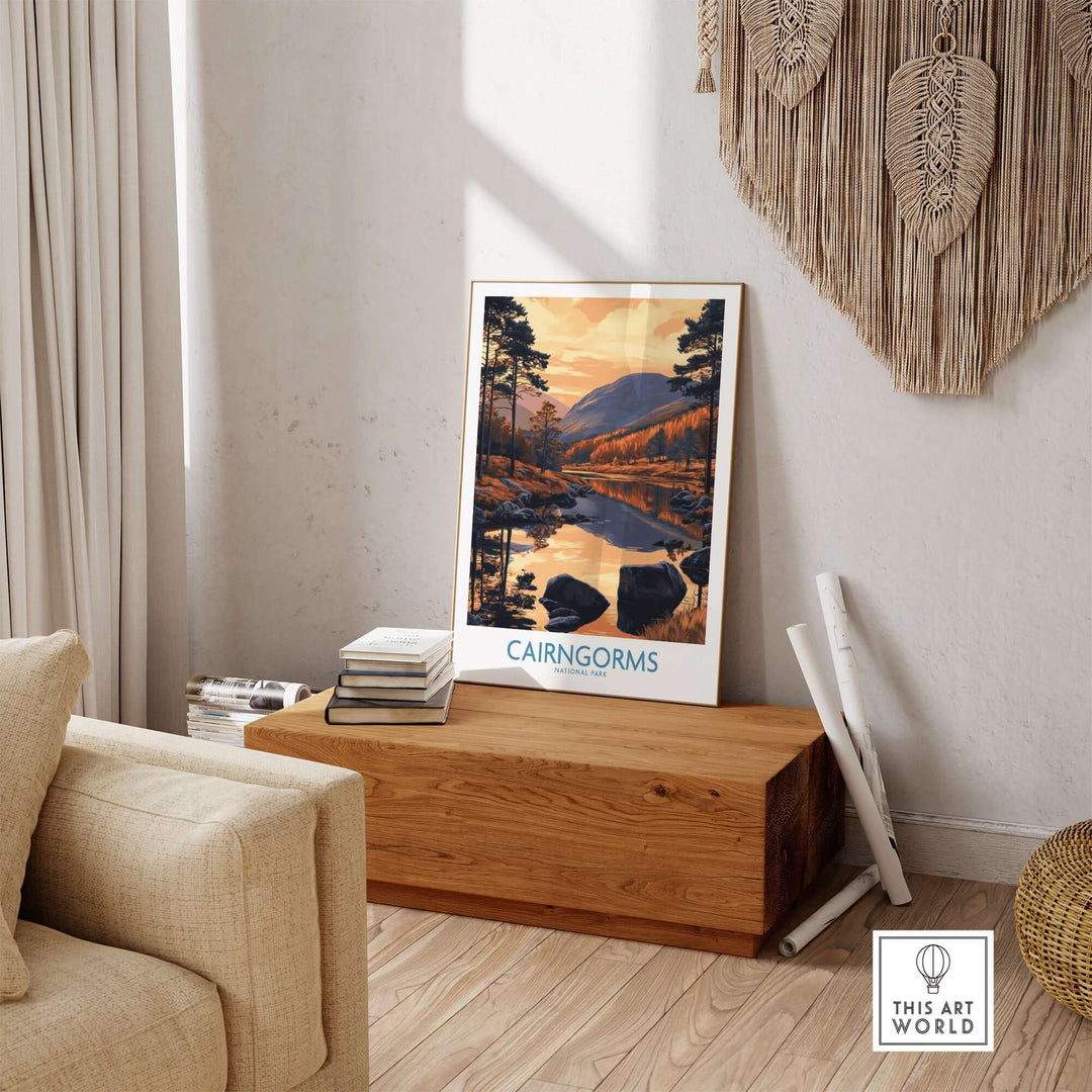 Cairngorms wall art print featuring scenic landscape in living room setting, showcasing Scotland's natural beauty.