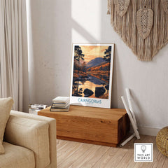 Cairngorms Wall Art Print Scotland displayed in a cozy home setting, showcasing stunning landscape design.