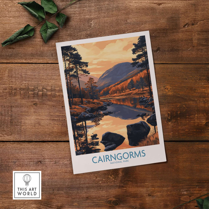 Cairngorms National Park wall art print showcasing a scenic mountain landscape with a serene river.