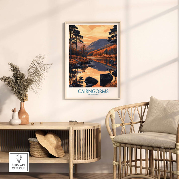 Cairngorms wall art print featuring scenic landscape with mountains and reflections, perfect for home decor.