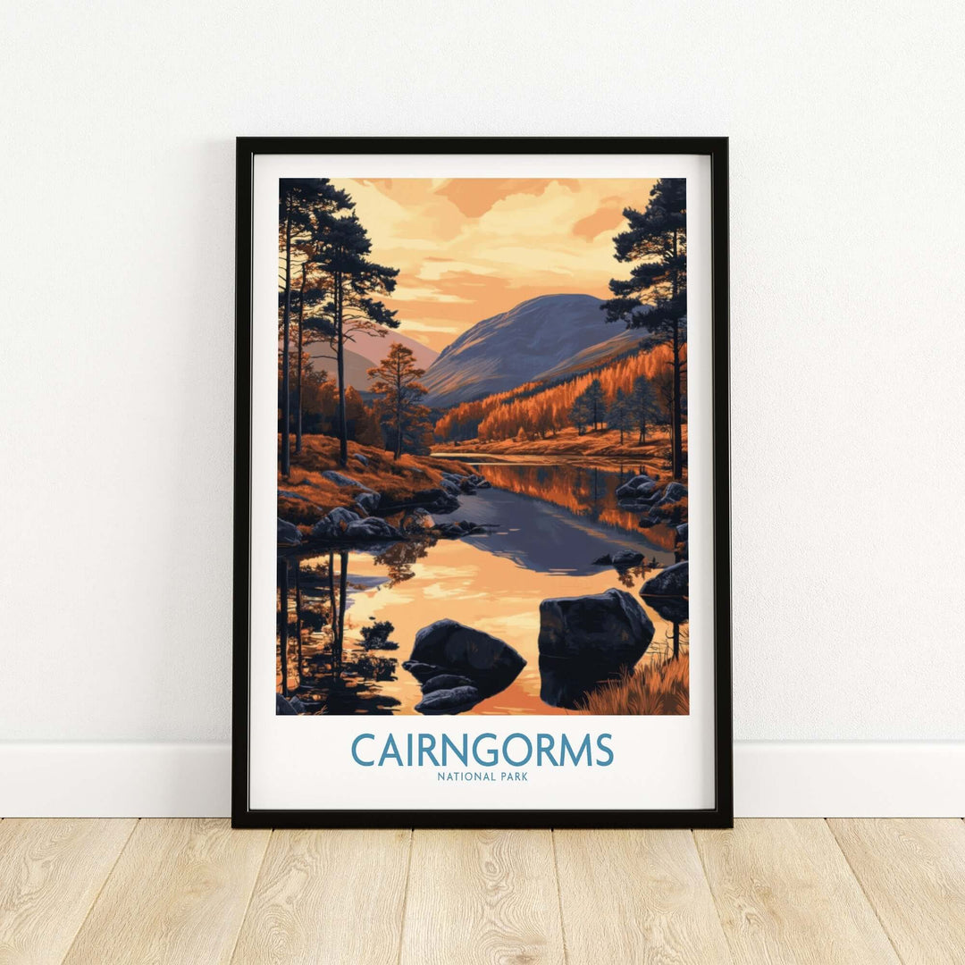 Cairngorms National Park wall art print featuring a scenic landscape and serene river reflection.