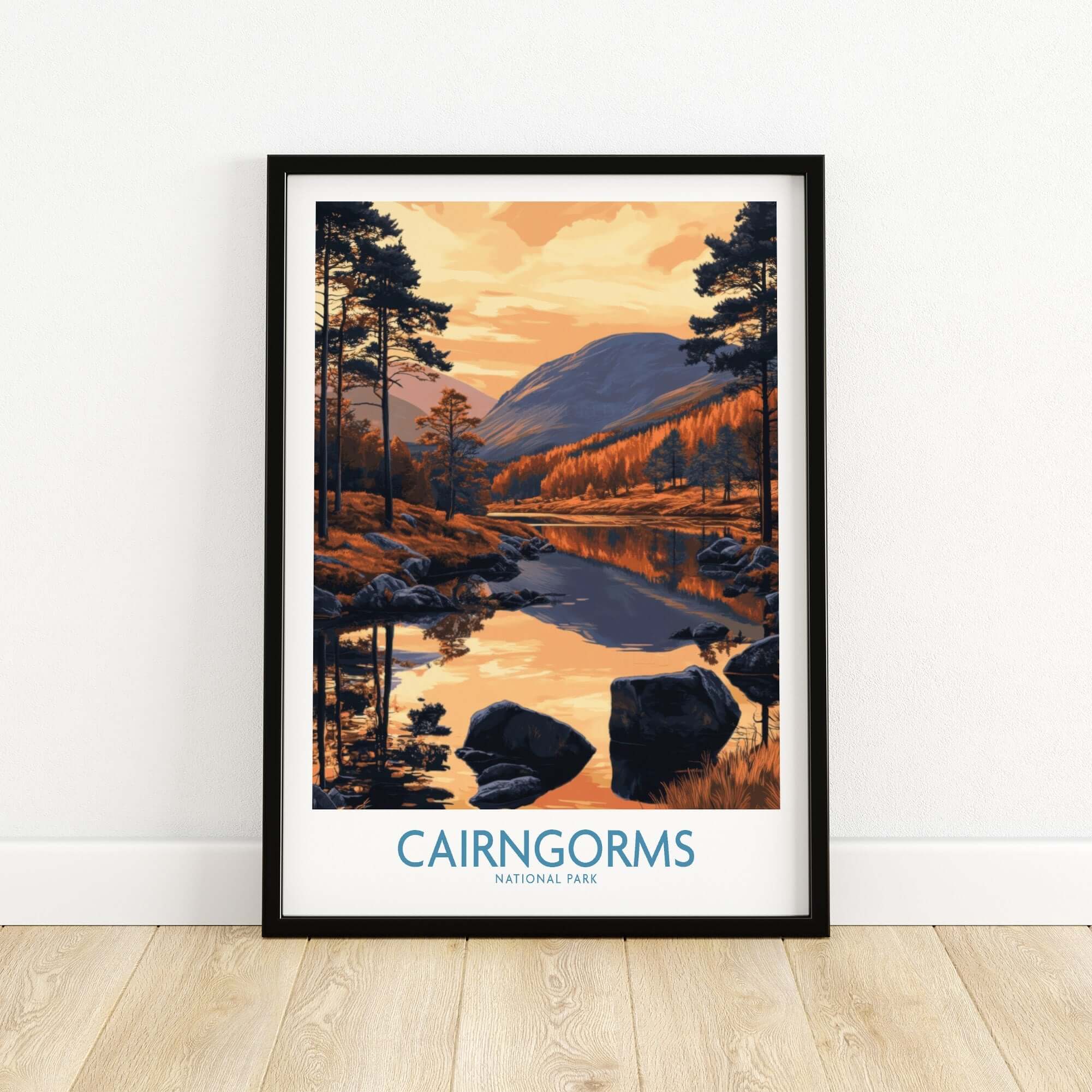 Cairngorms Wall Art Print Scotland showcasing a scenic view of Cairngorms National Park at sunset.