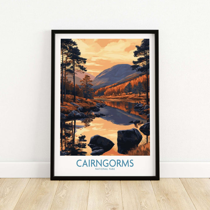 Cairngorms National Park wall art print featuring a scenic landscape and serene river reflection.