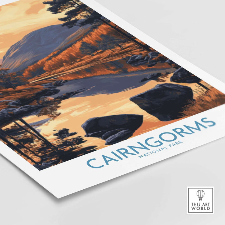 Cairngorms National Park wall art print showcasing a serene landscape with mountains and reflections in water.