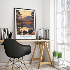 Cairngorms Wall Art Print Scotland displayed in a modern home office setting, showcasing vibrant landscape colors.