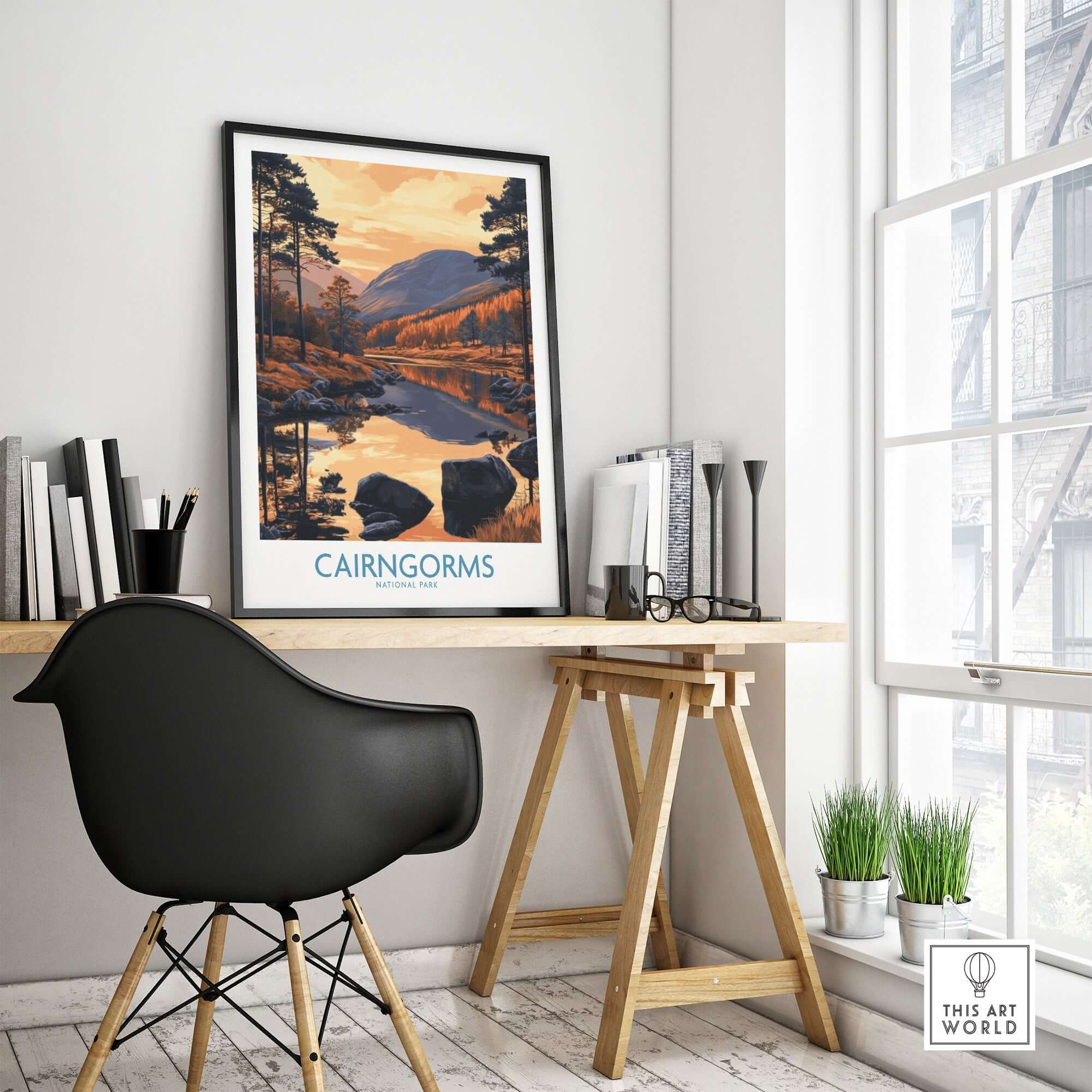 Cairngorms Wall Art Print Scotland displayed in a modern home office setting, showcasing vibrant landscape colors.