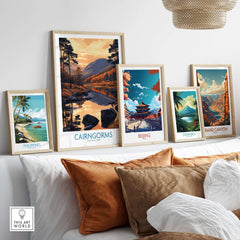 Cairngorms Wall Art Print Scotland showcased among travel-themed art prints in a stylish home setting.